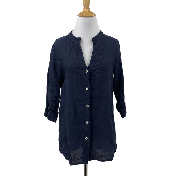 Lungo Larno Top Womens S Small Navy Banded Collar Button Front Italy Flax Linen - Picture 1 of 13